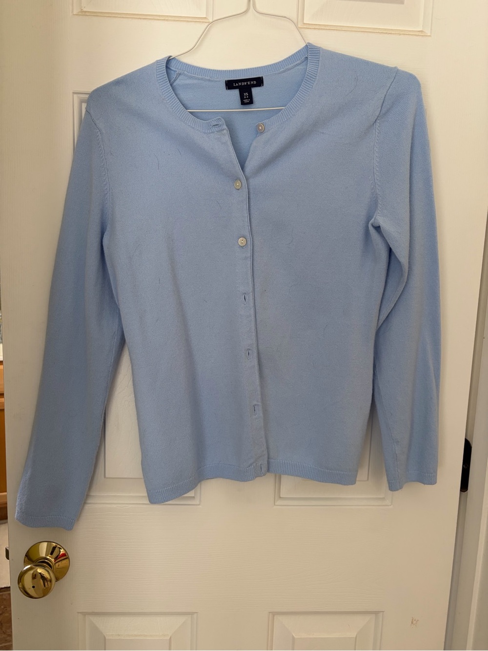 Lands' End Women's Light Blue Button-Front Crewneck Cardigan